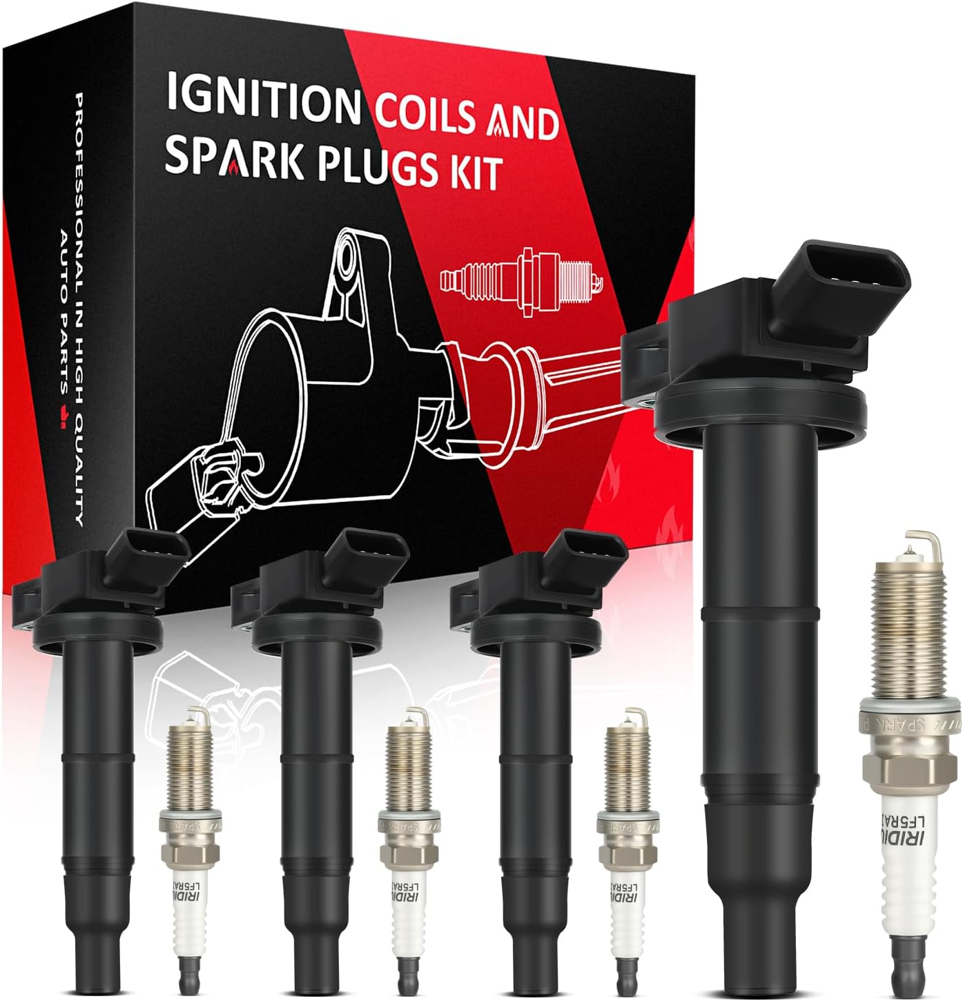 SCITOO ignition coils 4+Spark Plugs 4 4pcs Replacement for P-assat 1.8L 2001-2005,for J-etta 1.8L 2001 2002 2003 2004 2005,for A-udi A4 1.8L 2001-2007 Replace UF411 UF-437, UF-580, CO044