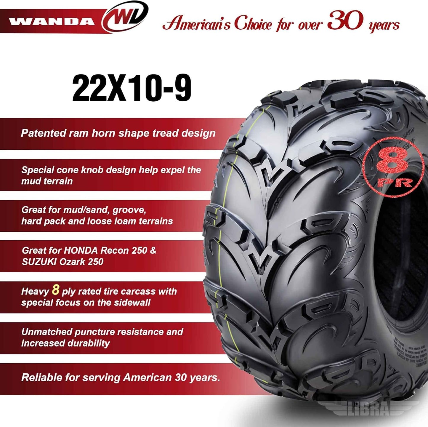 WANDA Performance 8 Ply ATV Tires 22x10-9 Mud Sling fit Honda Recon Suzuki Ozark 250, Set 2