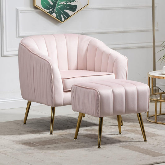 Yoluckea Modern Velvet Tub Barrel Chair with Ottoman Mid Century Upholstered Single Sofa Armchair Comfy Accent Living Room Chair with Ottoman Footrest Set for Bedroom Reading Room - Blush Pink