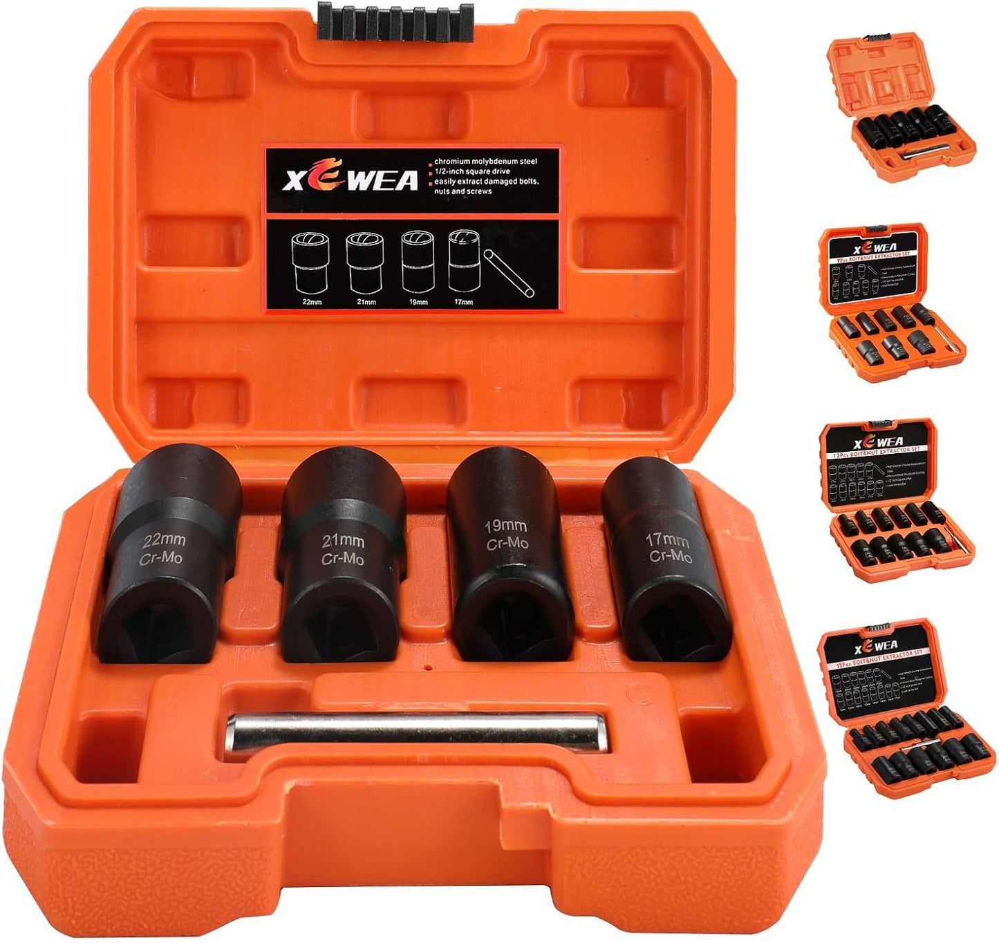 XEWEA 15PCS 1/2" Drive Lug Nut Removal Tools, Striped Wheel Lock Removal Kit Easy Out Twist Socket Extractor Set for Damaged, Frozen, Rusted, Rounded-Off Bolts Nuts & Screws