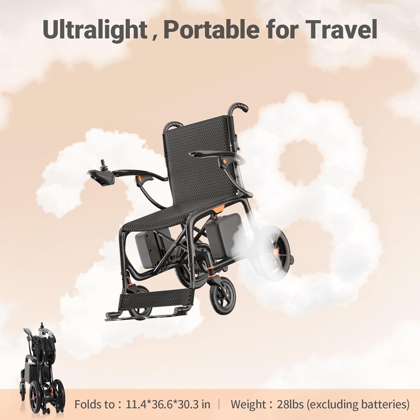 28lbs Ultralight Foldable 100% Carbon Fiber Electric Wheelchairs for Adults, FreeWink Bluetooth Control 28 Miles Long Range Power Wheelchairs with 2 Lithium Batteries for All Terrain Airline Approved