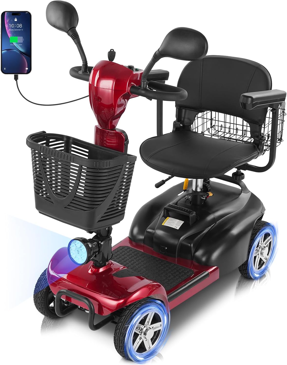 15/30 Miles 4 Wheels Mobility Scooter for Adults&Seniors Up to 300LBS, 350W Electric Powered Wheelchair Device w/Extended Battery, Dual Baskets, Rotating Seat, USB Charging