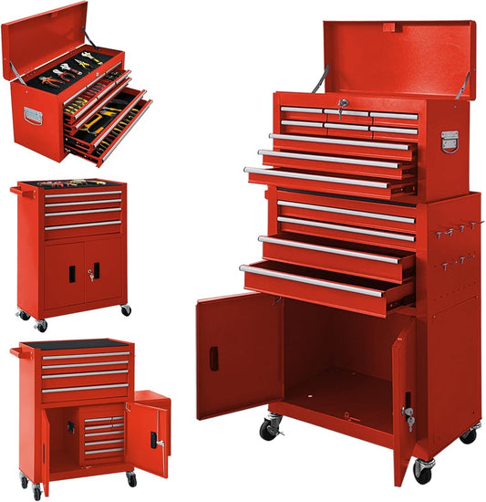 13-Drawer Rolling Tool Chest with Double Door Handle, 2 in 1 Detachable Tool Chest, Large Tool Storage with Wheels, Lockable Tool Cabinet for Garage, Barbershop-Red