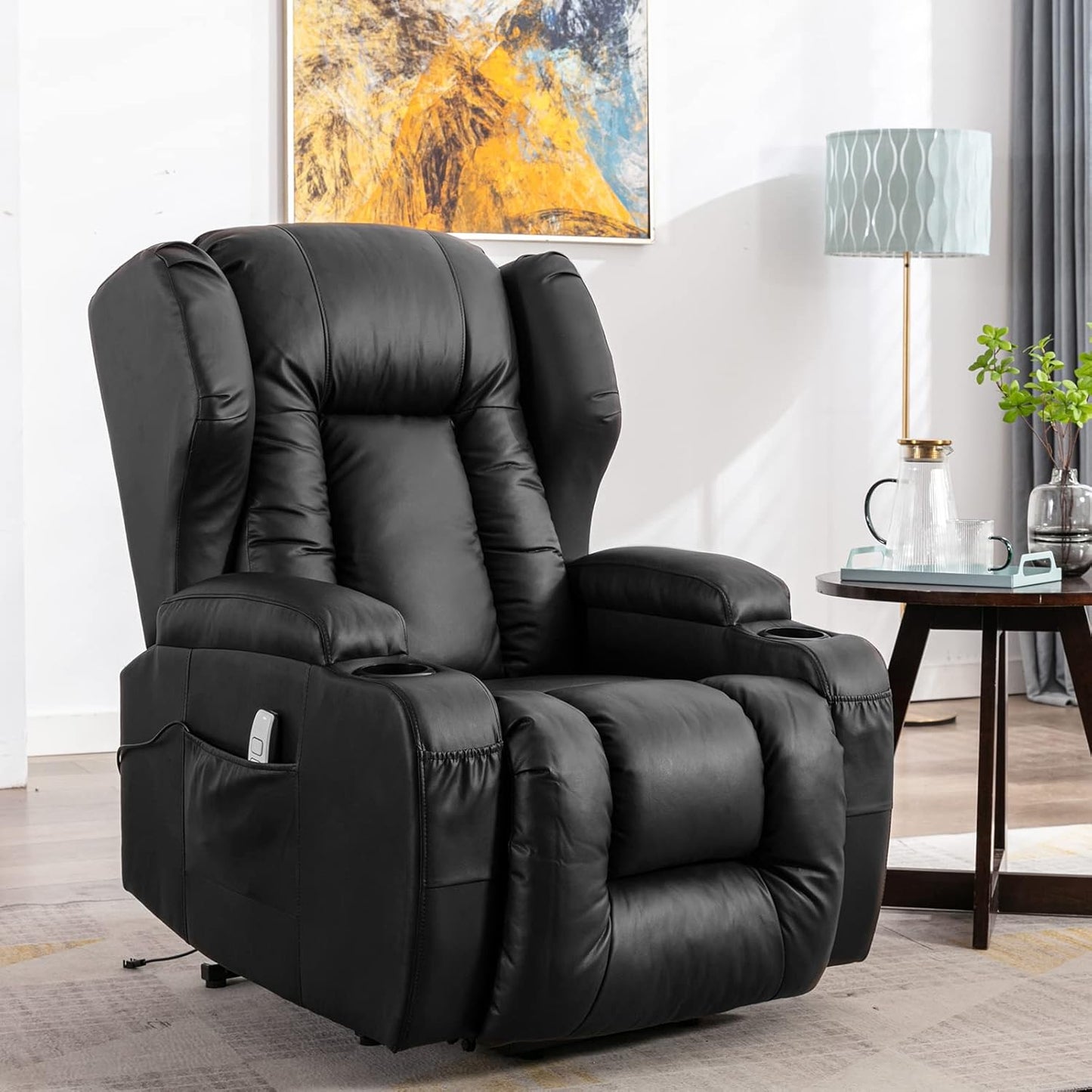 IPKIG Power Lift Chairs Recliners for Elderly with Massage and Heated, Faux Leather Power Recliner Chair with USB Ports/2 Remote Control/4 Side Pocket for Living Room, Bedroom (Black)