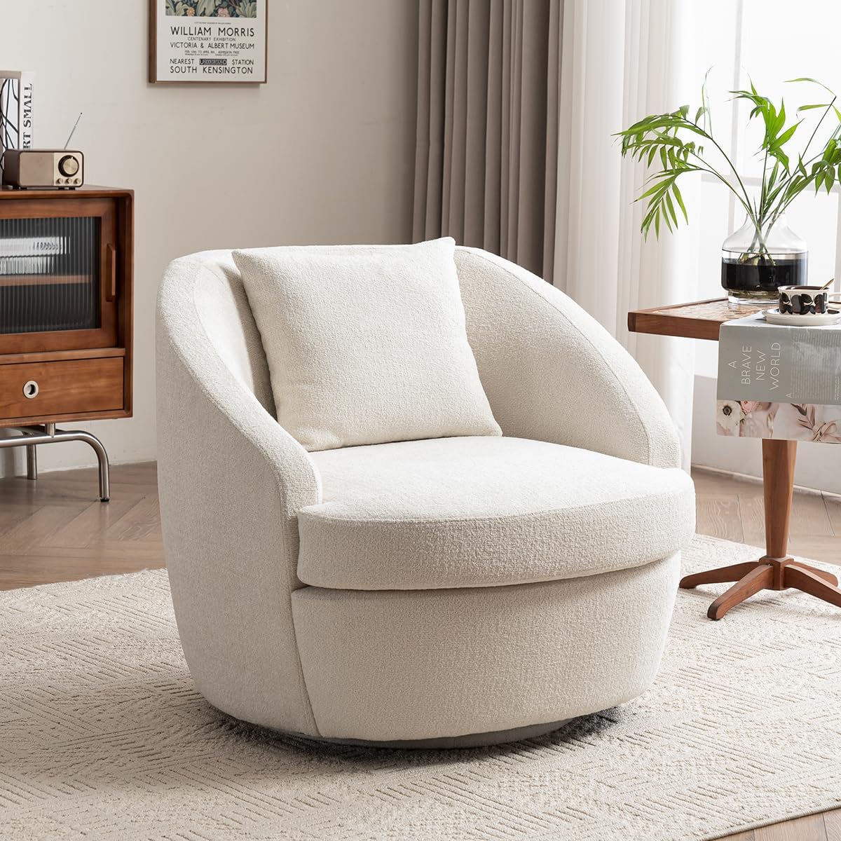 Rowill 360° Swivel Accent Chair, Modern Upholstered Boucle Fabric Single Armchair with Back Pillow, 33” Wide Cozy Round Barrel Living Room Chair for Bedroom, Reading Nook, Club Nursery, White