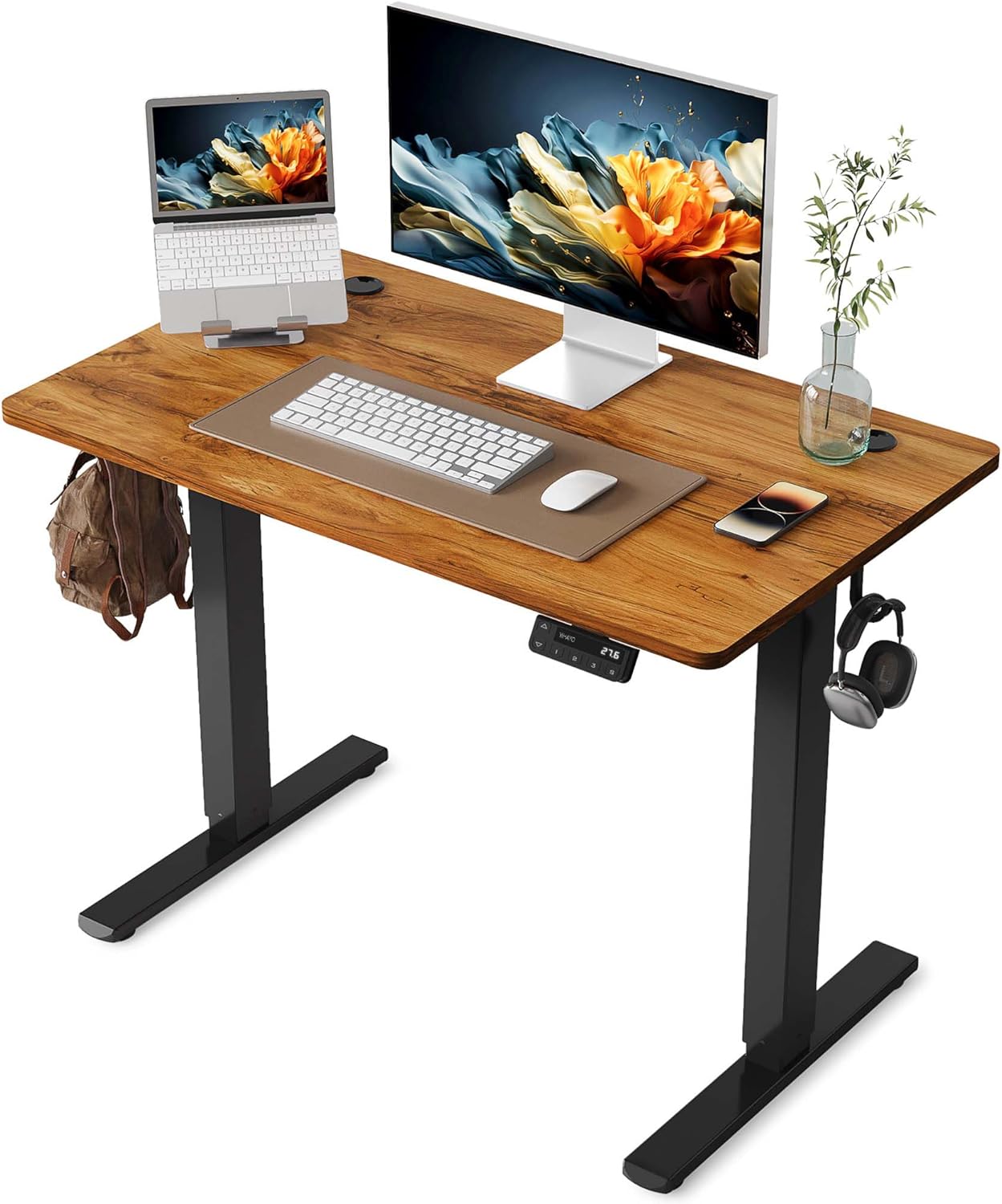 YIHAYO Electric Standing Desk, 48 x 24 Inches Stand Up Desk with Splice Board, Adjustable Height Desk, Computer Desk for Home Office, Black Frame/Rustic Brown Top