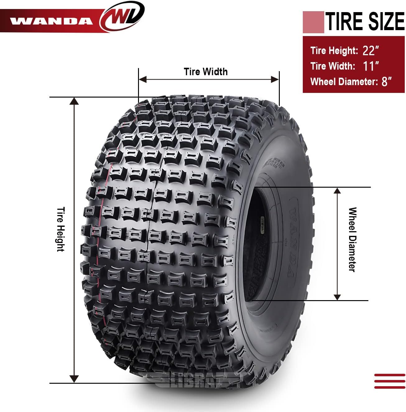 WANDA 3 New 3 Wheeler ATV Tires 22X11-8 4PR P322 Dimple Knobby - 10026