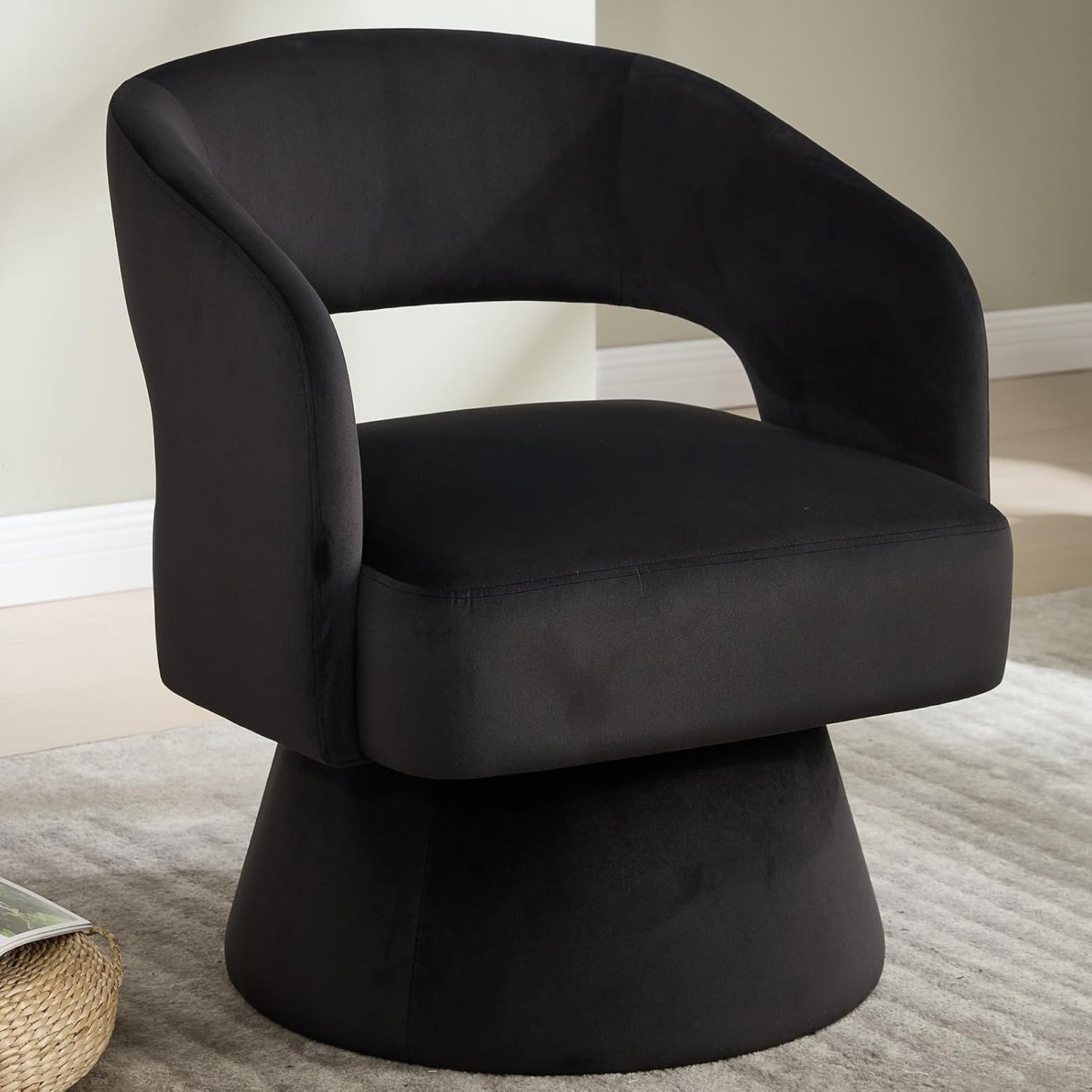 Swivel Accent Chair Set of 2, 360 Degree Rotating Barrel Accent Chair Velvet Upholstered Living Room Chair with Ergonomic Open Backrest Mid Century Modern Single Sofa for Bedroom (Black)