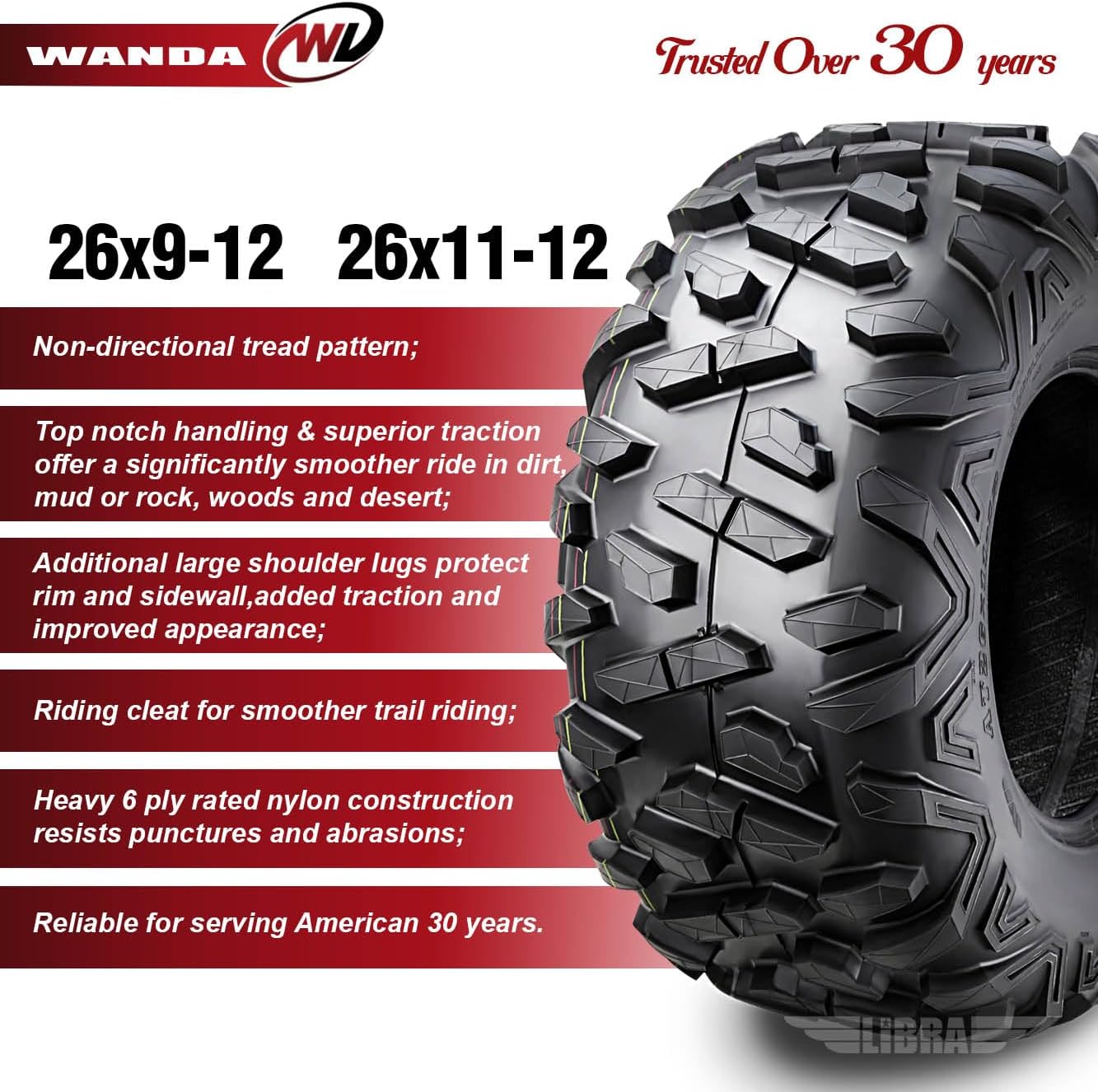 WANDA 26x9-12 & 26x11-12 Full Set ATV Tires for 15-17 Kawasaki Mule Pro FX/FXT/DX/DXT