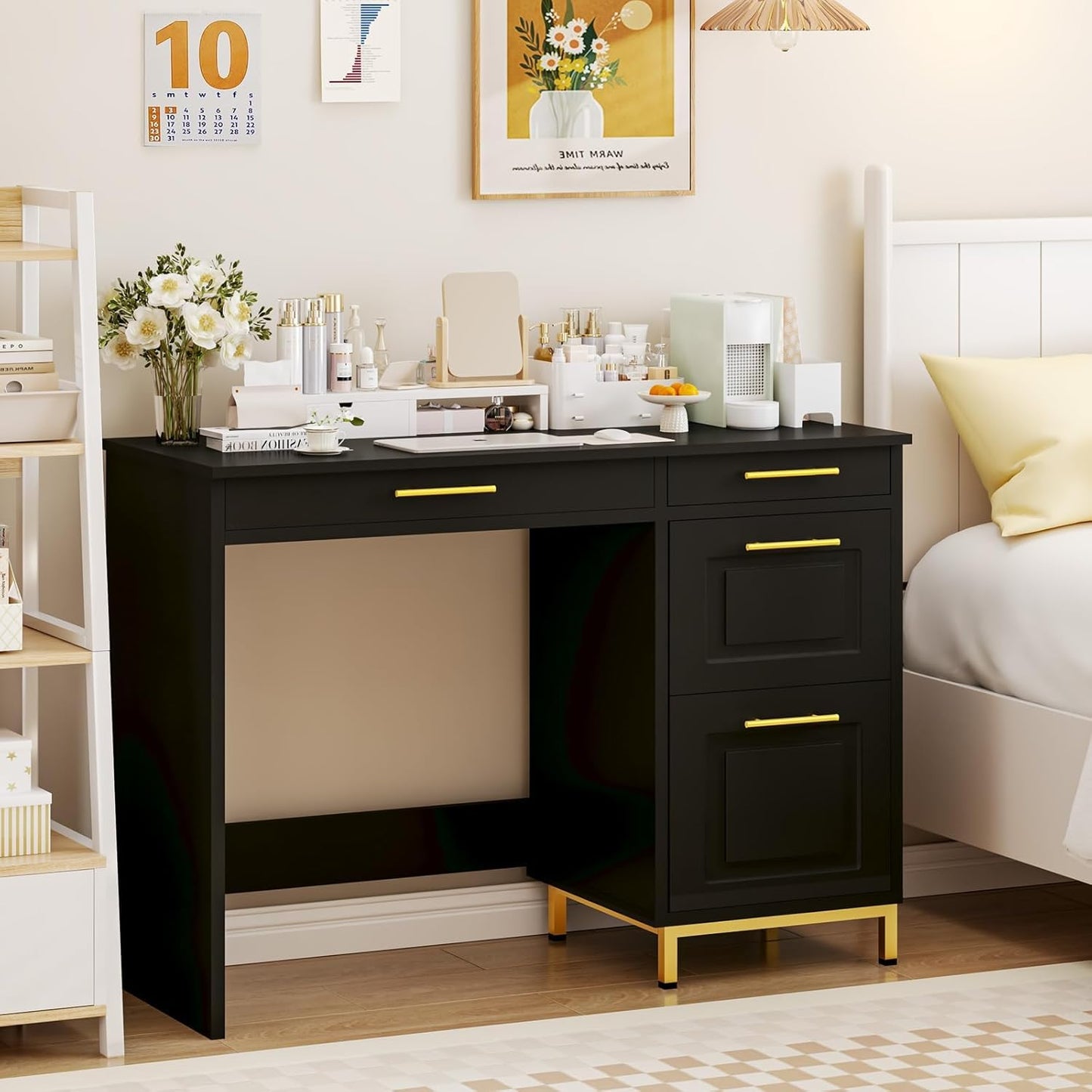 4 EVER WINNER Computer Desk with Drawers, 43 Inch Small Desk with Storage Shelves, Home Office Desk with Drawers for Small Space, Black