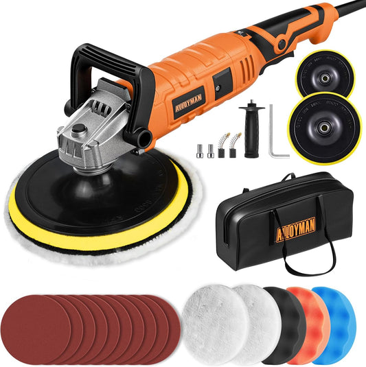 Alloyman Buffer Polisher, 1200W 7 Inch/6 Inch Car Polisher Set, 7 Variable Speed 600-3000 RPM, Car Polishers and Buffers with Detachable Handle for Car, Boat Sanding, Polishing, Waxing