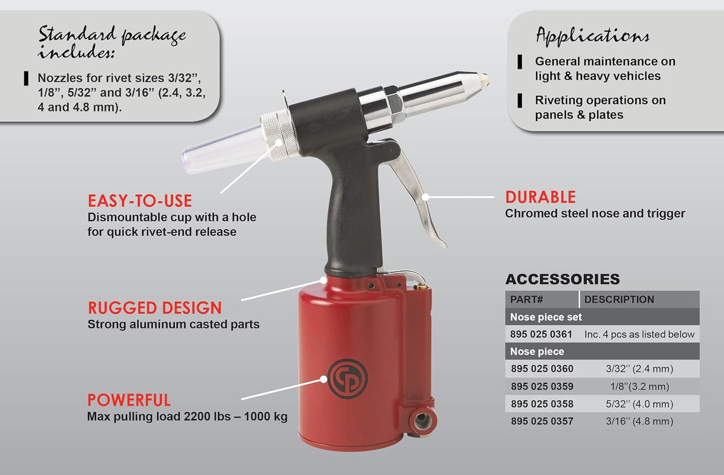 Chicago Pneumatic CP9882 - Air Riveter, Mechanic Tools, Construction, Home Improvement, Air Gun Tool, Blind Rivets, Max Rivet Size 3/16 Inch / 4.8 mm, Pulling Force 2200 lb / 1000 kg