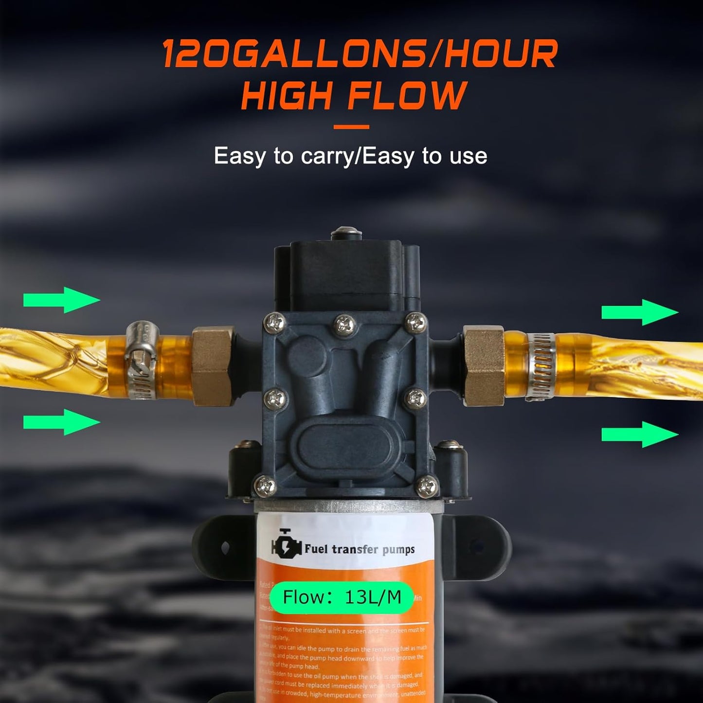 12V Fuel Transfer Pump Set, Moves Up to 120 Gallons of Gas or Diesel Per Hour with 80W DC Motor, Suitable for Vehicles, Boats, Equipment, Gasoline, Diesel (Pump and Hose)