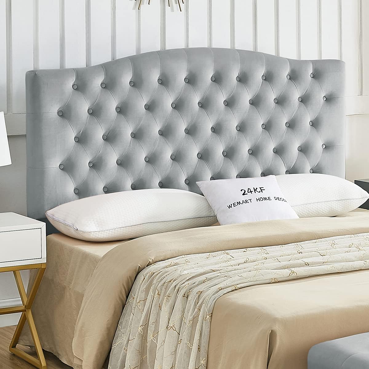24KF Upholstered Tufted Button Linen Fabric Headboard,Comfortable Fashional Headboard King/CA King Size,Ivory