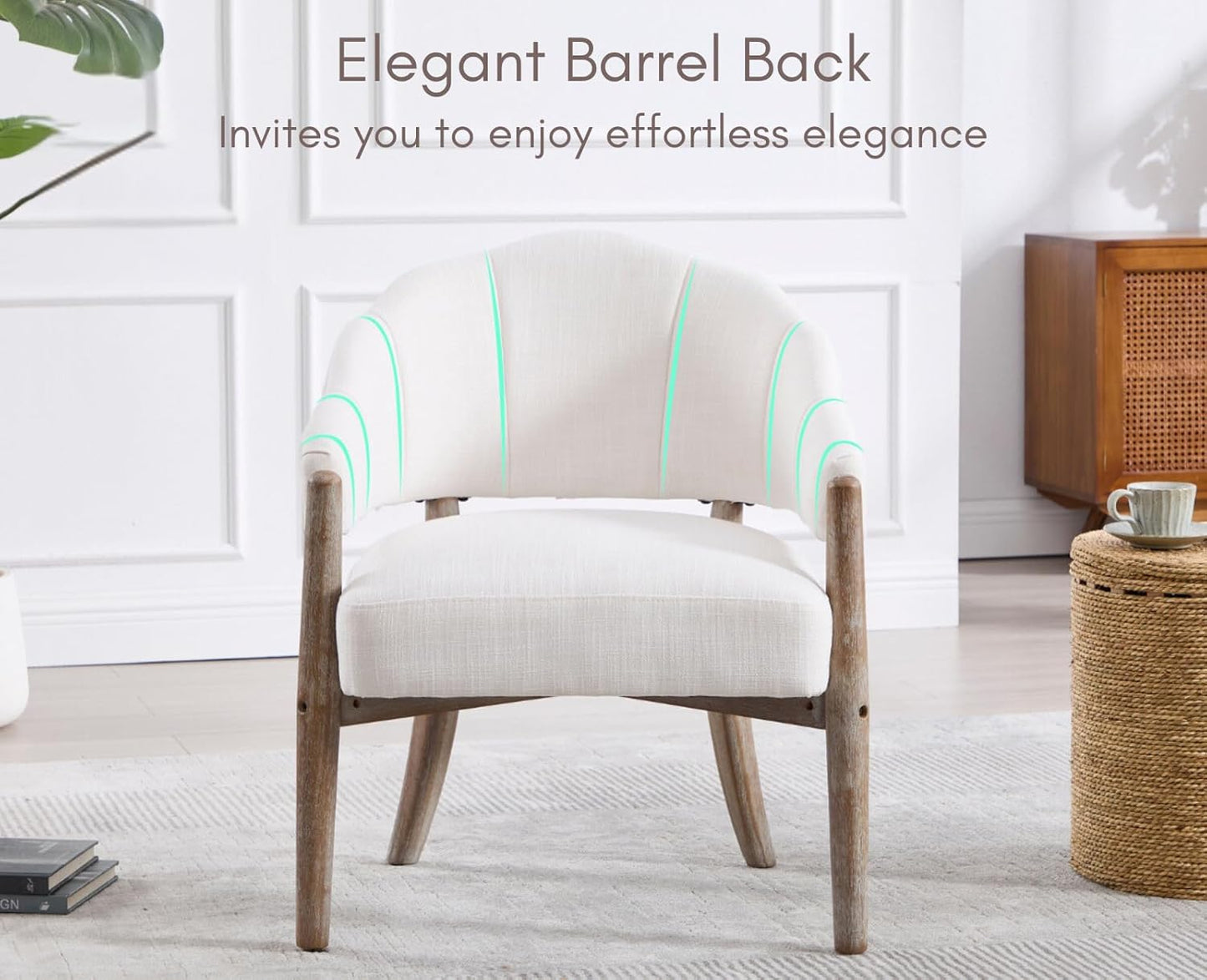 CIMOTA White Accent Chairs Set of 2 Farmhouse Fabric Barrel Chairs Linen Upholstered Armchairs with Wood Legs, 21.5" Wide Comfy Reading Chairs Side Sitting Chairs for Living Room/Bedroom/Makeup