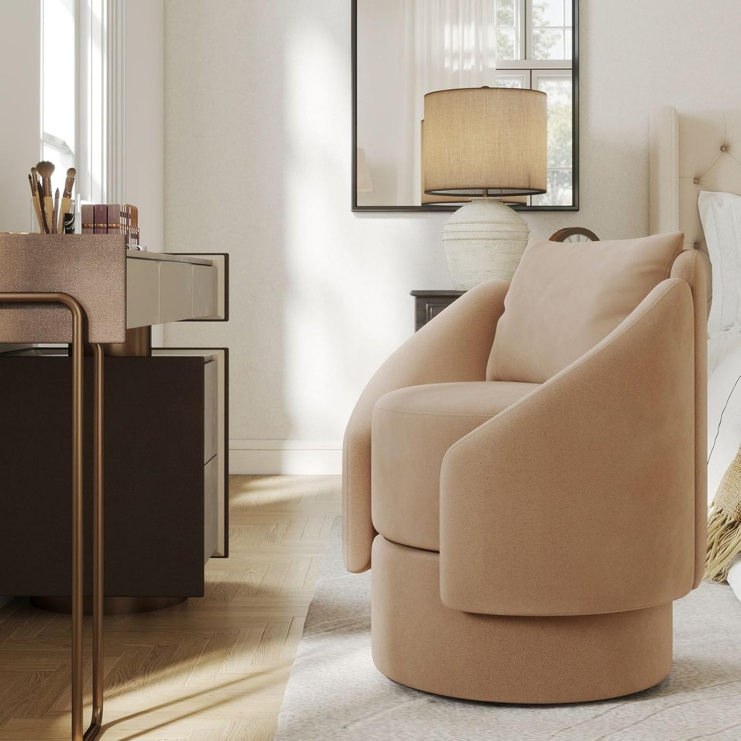 Set of 2 Swivel Accent Chair, 360 Degree Round Barrel Armchair, Upholstered Side Chair with Pillow, Small Barrel Chair Living Room Bedroom Waitingroom, Brown