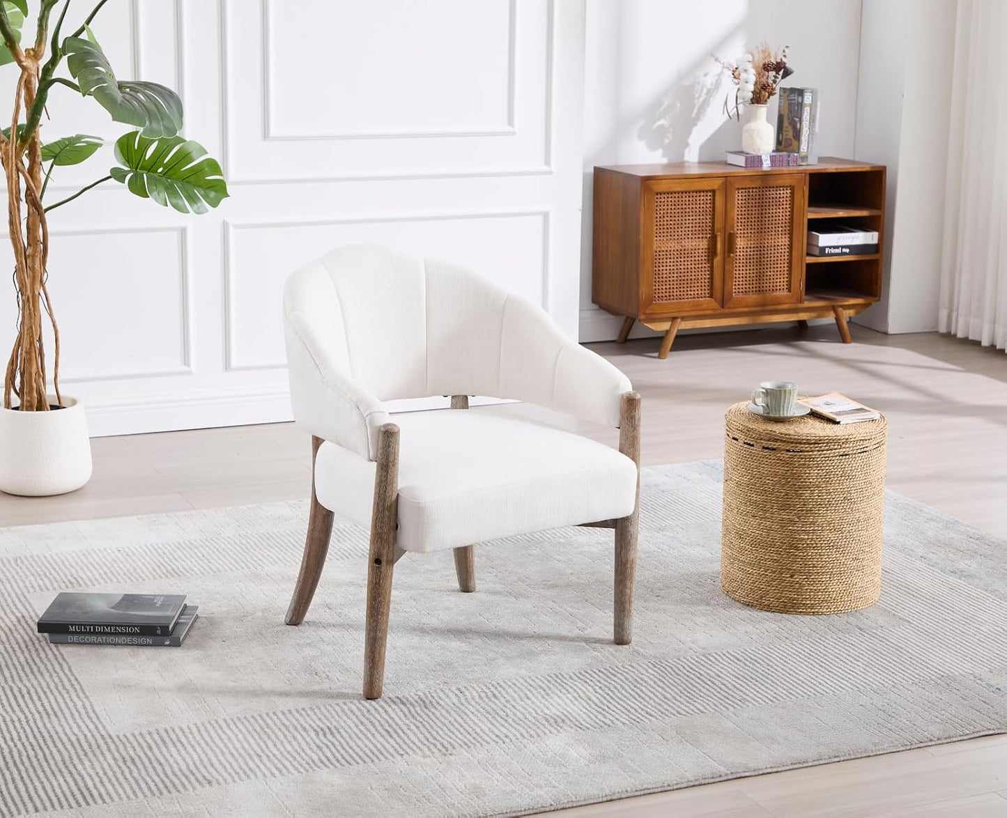 CIMOTA White Accent Chairs Set of 2 Farmhouse Fabric Barrel Chairs Linen Upholstered Armchairs with Wood Legs, 21.5" Wide Comfy Reading Chairs Side Sitting Chairs for Living Room/Bedroom/Makeup