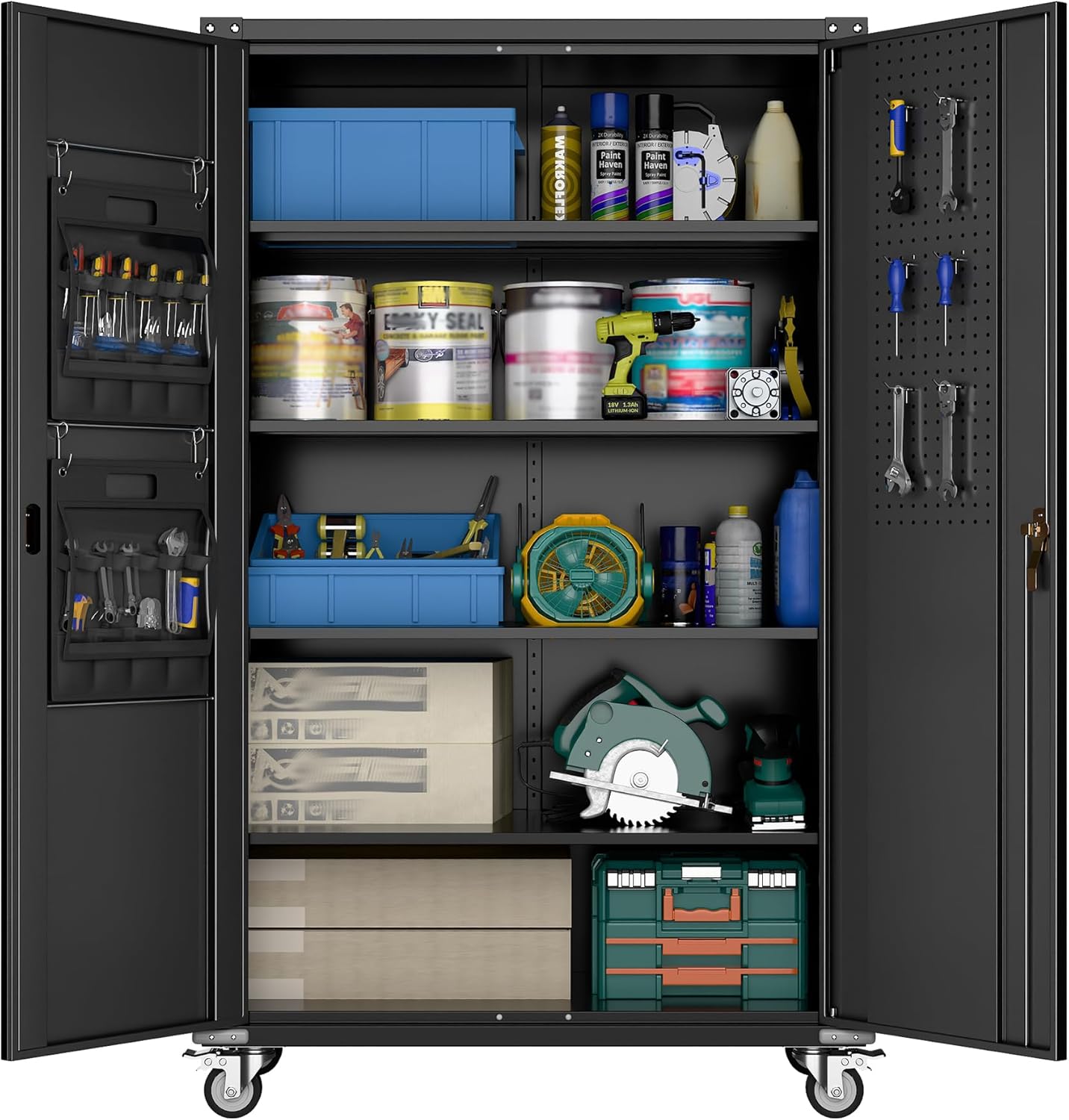 Aobabo Garage Storage Cabinet with Door Pegboard,Lockable Metal Storage Cabinet with 5 Adjustable Shelves for Garage Home,Required Assembly,Black