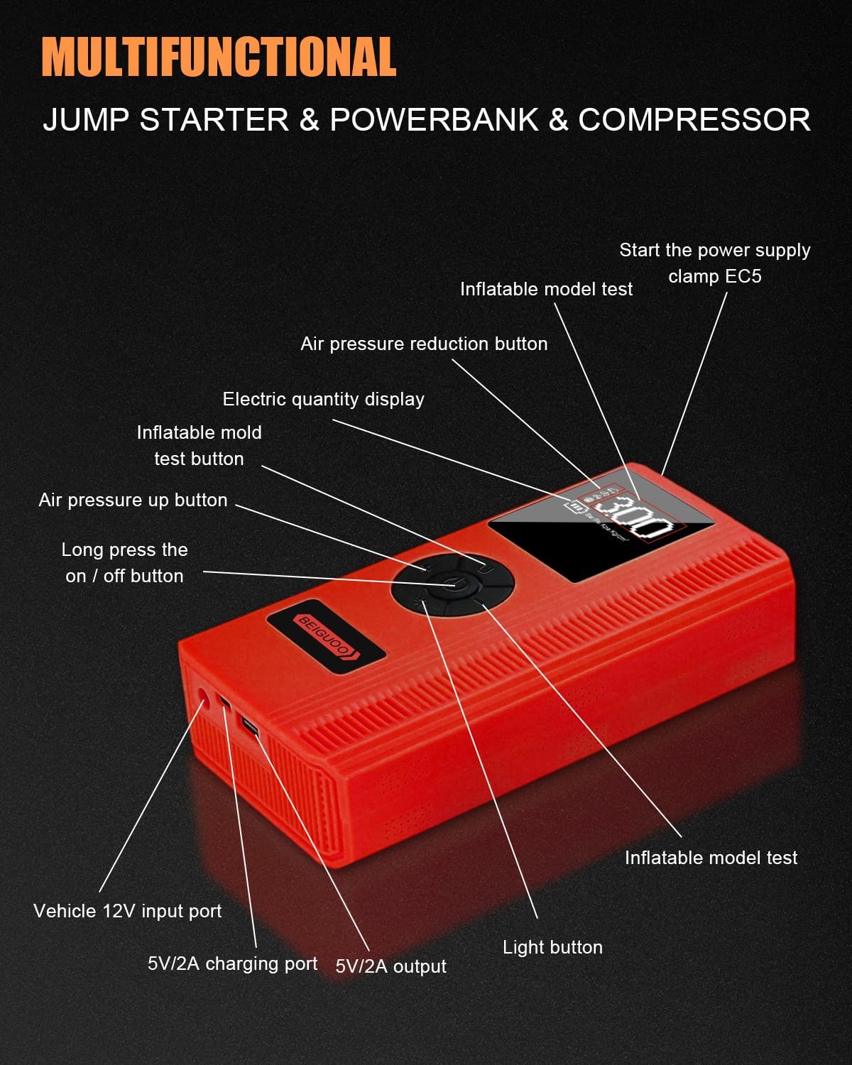 3000A Jump Starter with Air Compressor, Portable Car Battery Booster (8L Gas/6L Diesel) with 150PSI Auto-Shutoff Tire Inflator, 12V Jump Box Car Battery Jump Starter with LED Light
