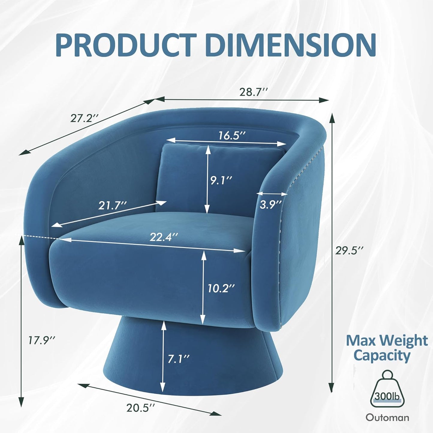 RoyalCraft Swivel Barrel Chair?360 Degree Swivel Accent Chair, Modern Round Chair with Pillow, Comfy Fabric Living Room Chairs for Bedroom, Office, Blue