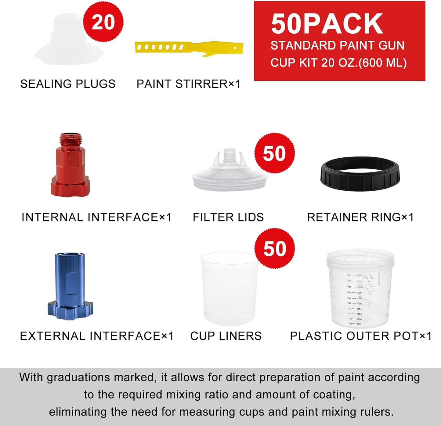 RRJ Disposable Paint Cup Spray Gun Cup, Paint System for LVLP and HVLP Spray Gun Kit 600 ML Mixing Cup with 50 Cups Liners and Lids, 1 Hard Cup with Retainer Ring, 2 Cup Adapter, Stirrer