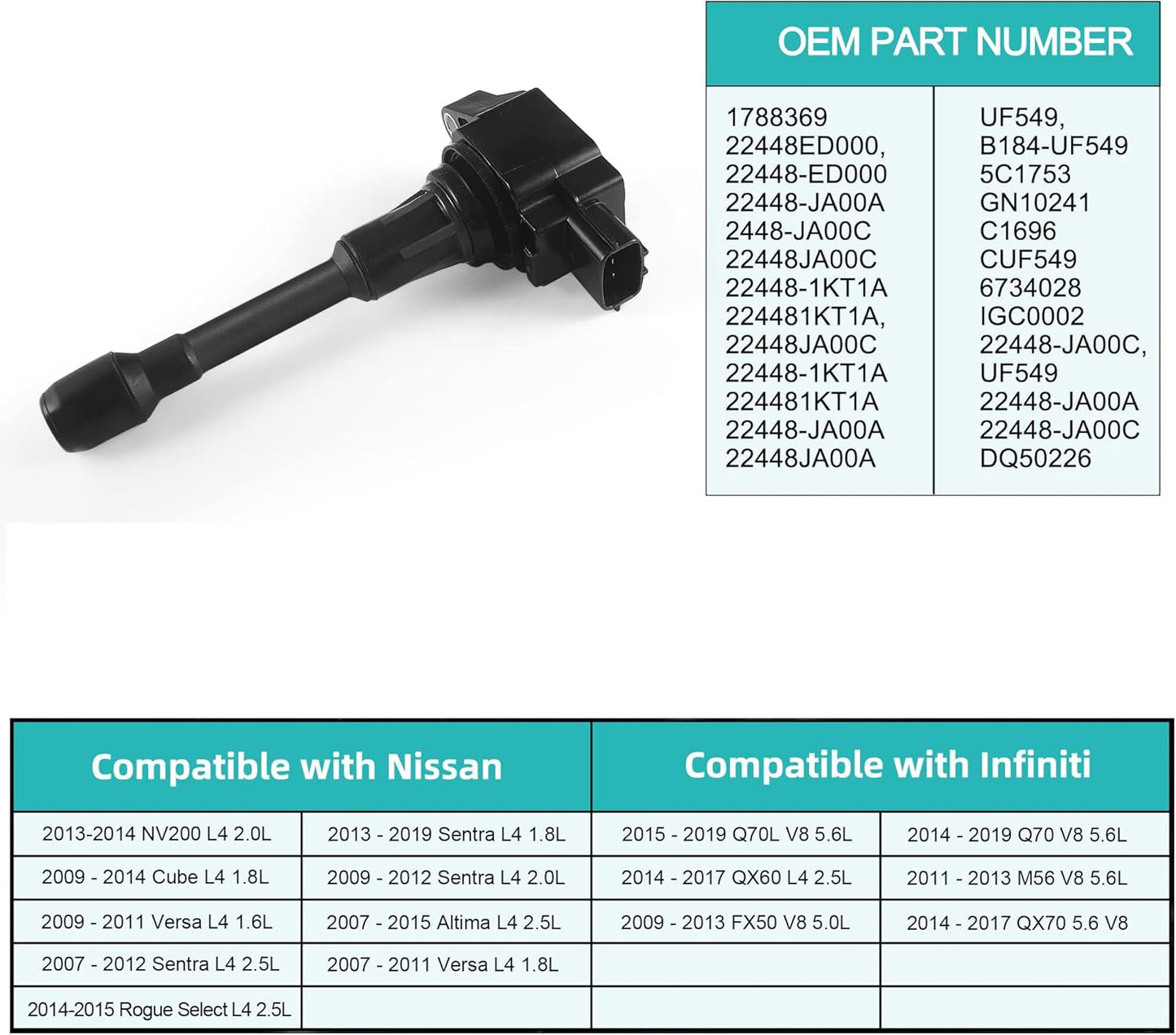 Set of 4 UF549 Ignition Coil Pack L4 1.6L 1.8L 2.5L For Nissan 2007-2019 Altima Cube Rogue Sentra Versa NV200 Pathfinder Infiniti FX50 M56 QX60 QX70 5C1753 C1696
