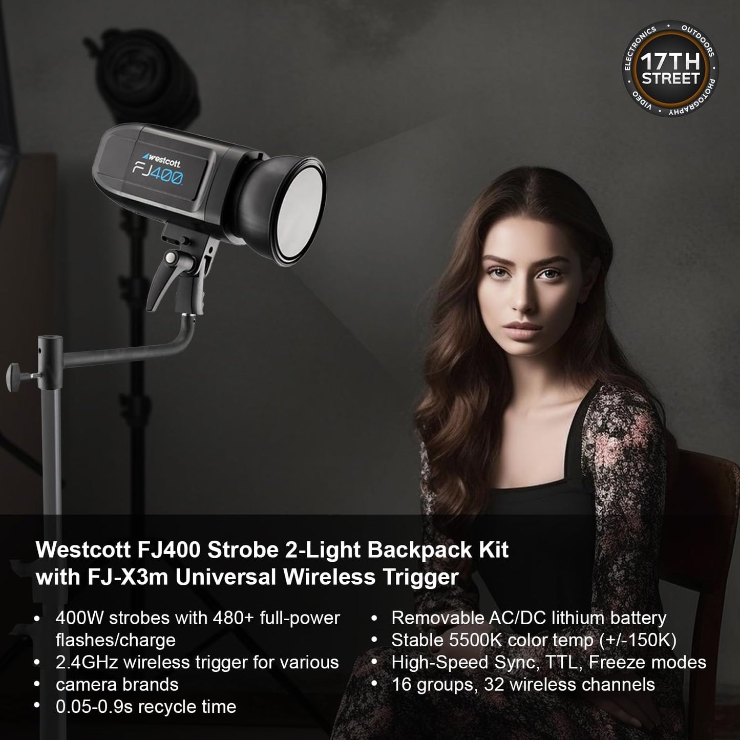 Westcott FJ400 Strobe 2-Light Backpack Kit with FJ-X3m Universal Wireless Trigger, 8 Inch Shorty Offset Extension Arm (Set of 2) and 64GB Extreme PRO Memory Card Bundle Set