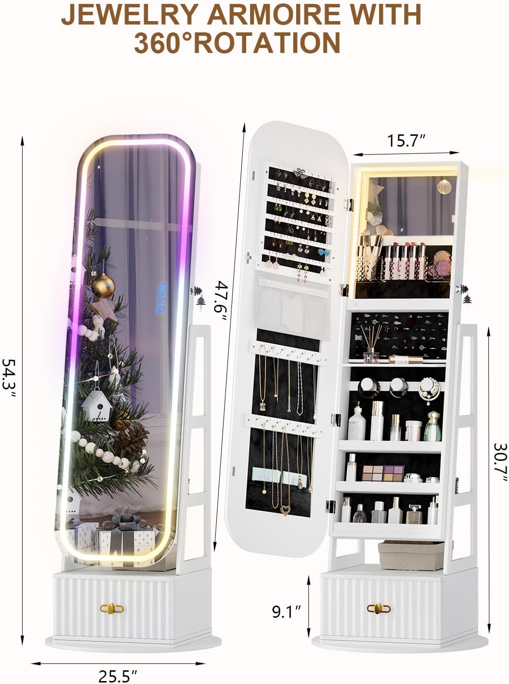 360° Swivel Jewelry Cabinet with Lights - RGB Vanity Mirror | Rotatable Full Length Mirror with Jewelry Storage, Standing Jewelry Armoire Organizer, Foldable Makeup Shelf Ideal Gift (White)