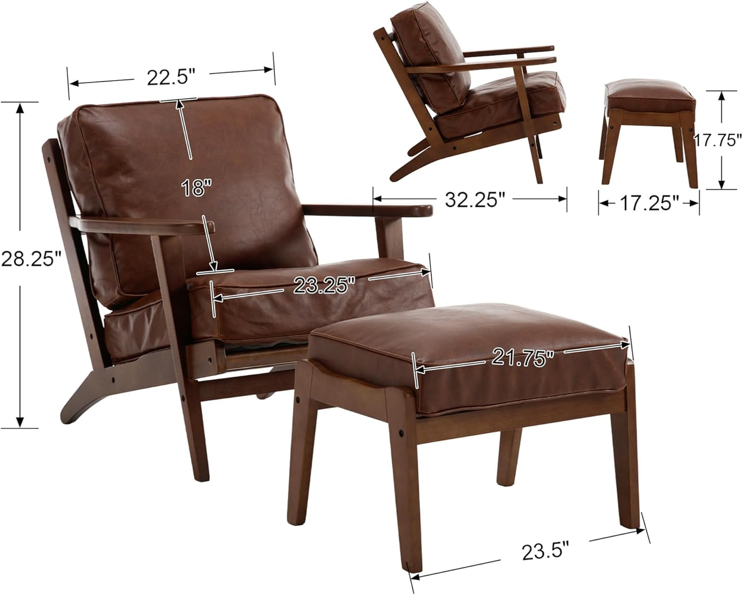 Comfy Accent Chair with Ottoman, PU Faux Leather Living Room Reading Chair Armchair, Upholstered Side Chair Mid Century Modern Sofa Lounge Chair for Bedroom/Guest Room, Brown