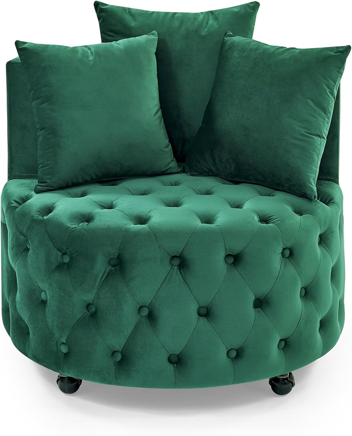 Velvet Upholstered Swivel Chair, Comfy Corner Chair with Button Tufted Design and Movable Wheels, Including 3 Pillows for Living Room (Beige)