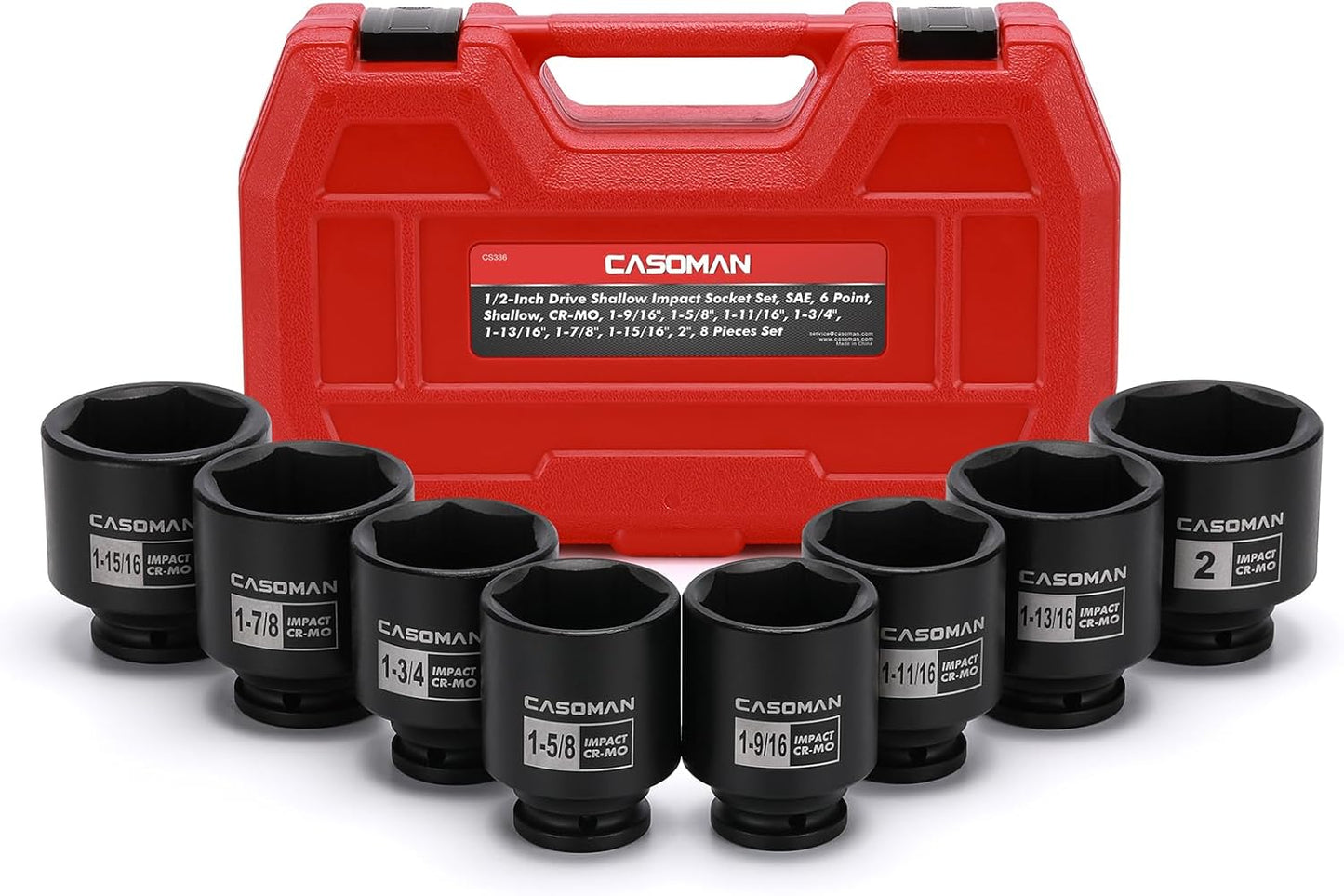 CASOMAN 8PCS 1/2"Dr. Deep Impact Socket Set-SAE, 1-9/16" to 2", 6-Point, Spindle Axle Nut Impact Socket Set, CR-MO, Impact Grade