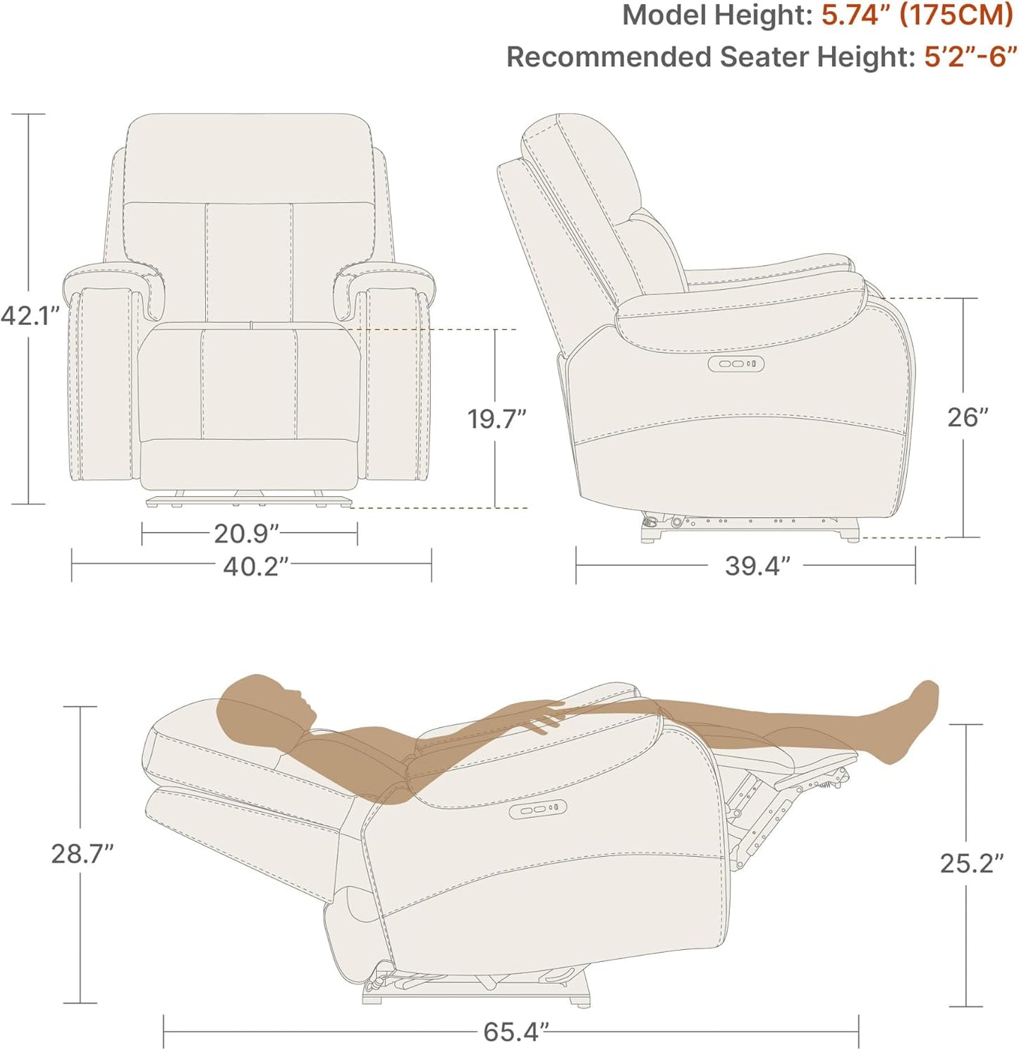 CHITA Power Zero Gravity Recliner Chair, Genuine Leather Recliner Chair for Adults, Adjustable Reclining Sofa Lounge with Hidden Slide-Out Cupholders, USB and Type-C Ports, Creamy Grey