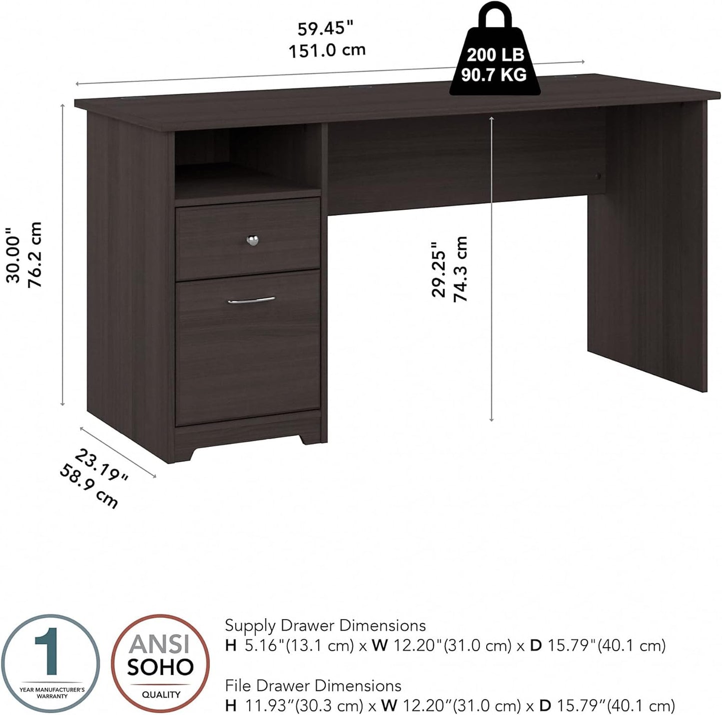 Bush Furniture Cabot 60W Office Desks for Home Office with Storage and Chrome Hardware Elegant Computer Table with Drawers, Heather Gray