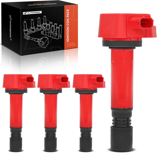 A-Premium (Red) Engine Ignition Coil Pack Compatible with Honda Civic 2006 2007 2008 2009 2010 2011 1.8L, Replace# 30520RNAA01, 099700101, 4-PC Set