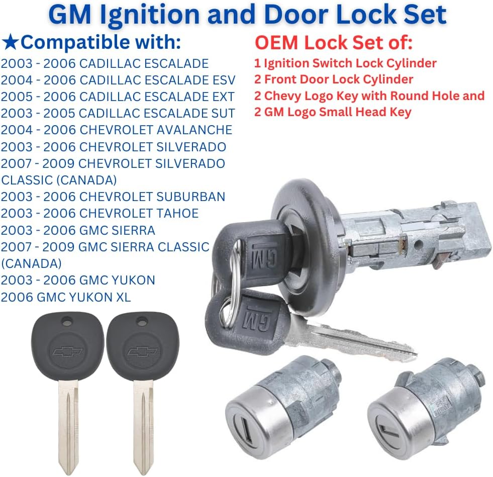 Set of 1 Ignition Switch Lock Cylinder and 2 Front Door Lock Replacements, Compatible with Chevy and Sierra. Includes 2 Chevy Logo Round Hole Keys and 2 GM Keys, All keyed Alike, OEM Set.