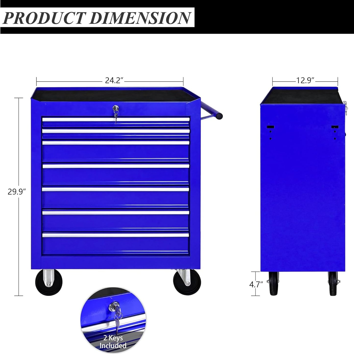 7 Drawer Tool Chest with Wheels,Metal Locking Rolling Tool Box with Tool Organizer Trays for Tool Storage Organizer,Portable Standing Mechanic Toolbox for Garage,30 in Tall Tool Cabinet Blue