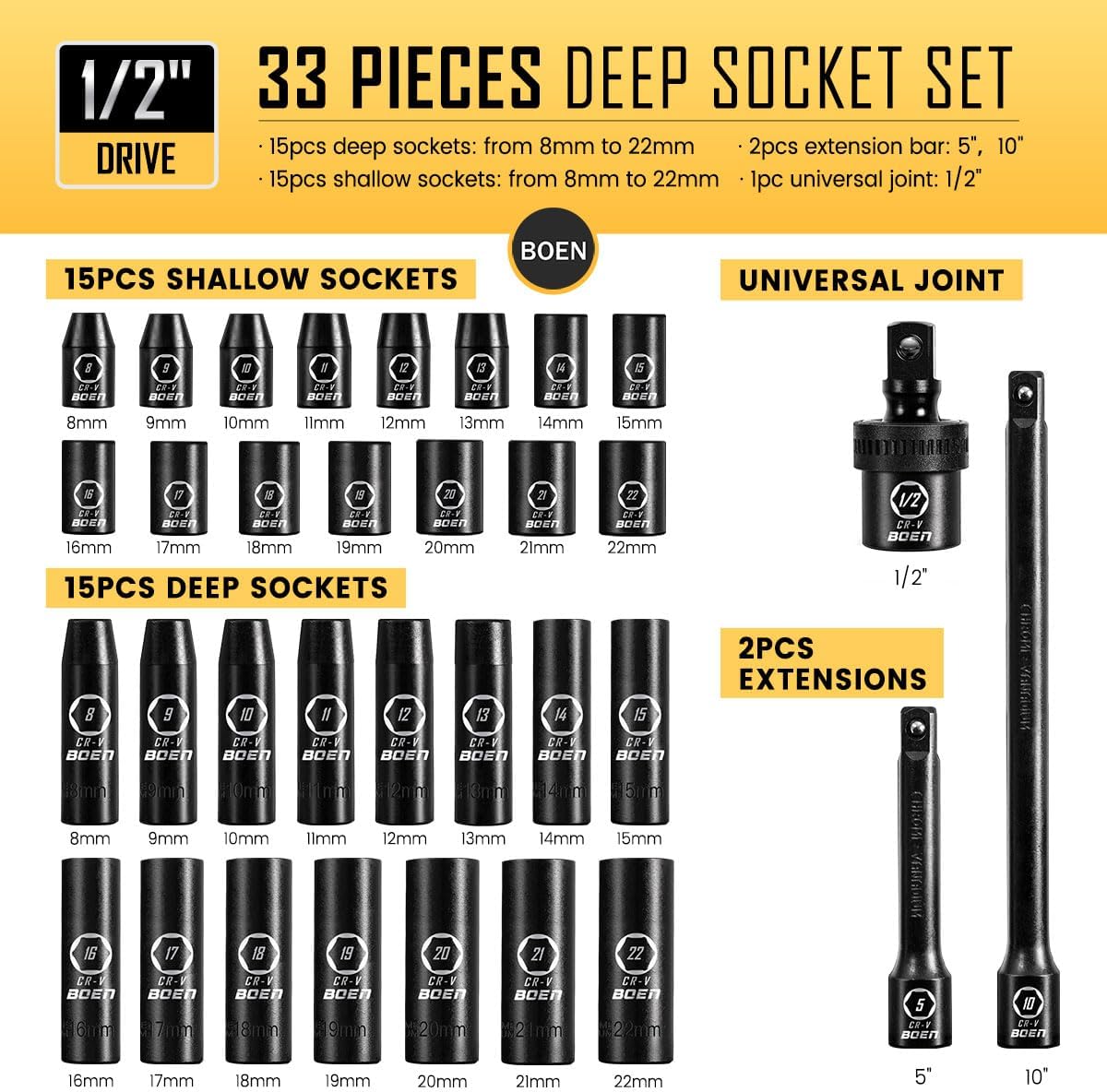 BOEN 1/2" Drive Impact Socket Set, 33 Piece Deep & Shallow Metric Socket Set 8mm to 22mm, Includes 5", 10" Extension Bars, Universal Joint, 6 Point Design, Cr-V Steel, Meets ANSI Standards