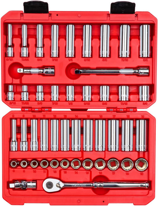 TEKTON 3/8 Inch Drive 12-Point Socket and Ratchet Set with Case, 46-Piece (5/16-3/4 in., 8-19 mm) | SKT15302