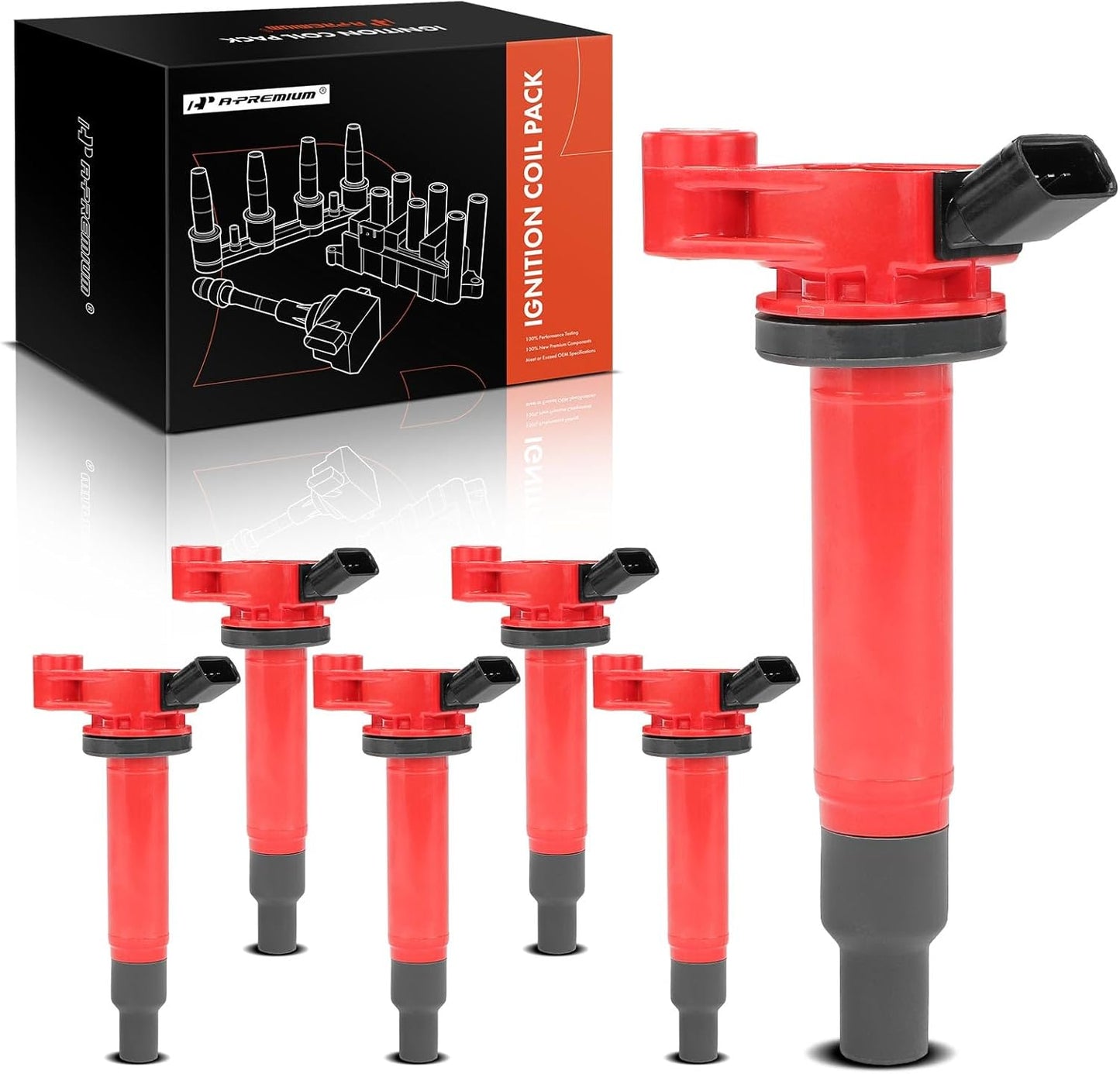 A-Premium (Red) Engine Ignition Coil Pack Compatible with Toyota Camry 2002-2006, Highlander 2001-2010, Sienna 2001-2006, Avalon 2000-2004, Solara 2004-2008 & Lexus RX300, ES300, ES330, 6-PC Set