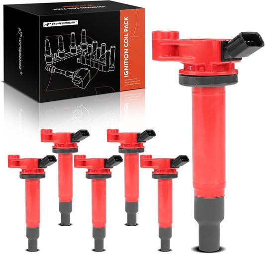 A-Premium (Red) Engine Ignition Coil Pack Compatible with Toyota Camry 2002-2006, Highlander 2001-2010, Sienna 2001-2006, Avalon 2000-2004, Solara 2004-2008 & Lexus RX300, ES300, ES330, 6-PC Set