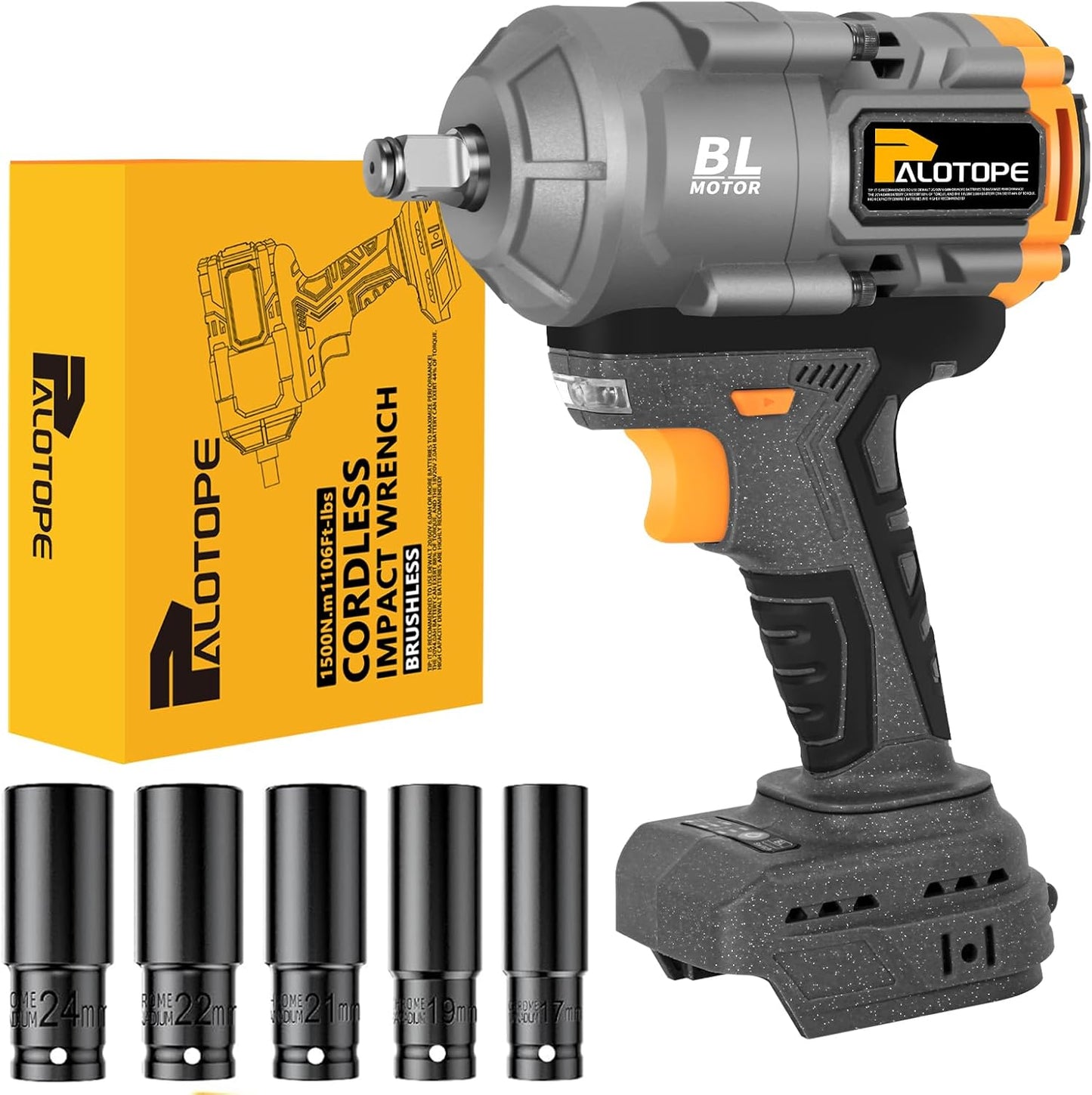 1/2" 1500N. m Cordless Impact Wrench Suitable 20V DeWalt Battery, 1105Ft-lbs High Torque Brushless Impact Gun with 5 Sockets,LED Work Light, Pistola De Impacto for Car Truck Mower(No Battery)
