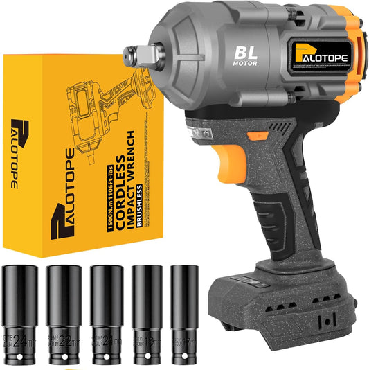 1/2" 1500N. m Cordless Impact Wrench Suitable 20V DeWalt Battery, 1105Ft-lbs High Torque Brushless Impact Gun with 5 Sockets,LED Work Light, Pistola De Impacto for Car Truck Mower(No Battery)