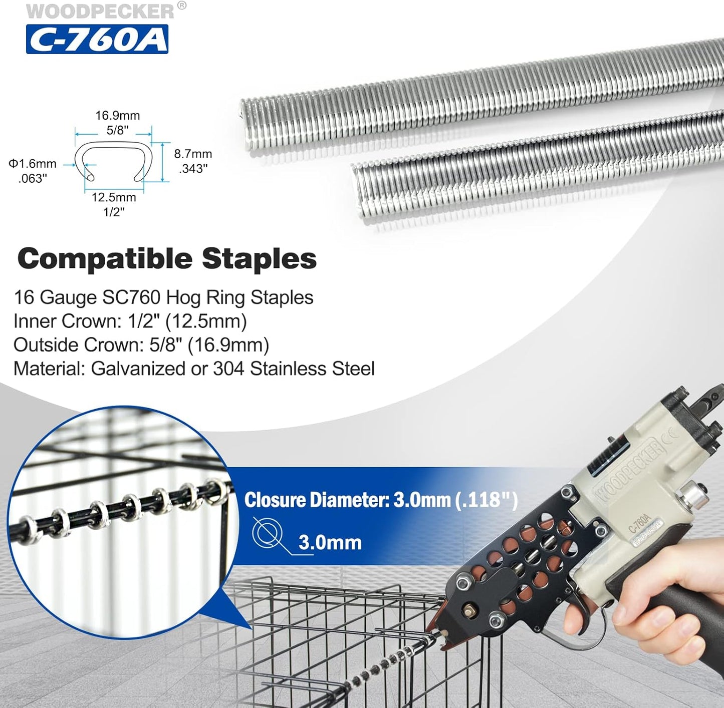 Woodpecker C-760A 16 Gauge 1/2-Inch 3.0-4.8mm Closure DiameterC Ring Piler Pneumatic C Ring Tool Hog Ring Plier C Ring Gun for Mattress