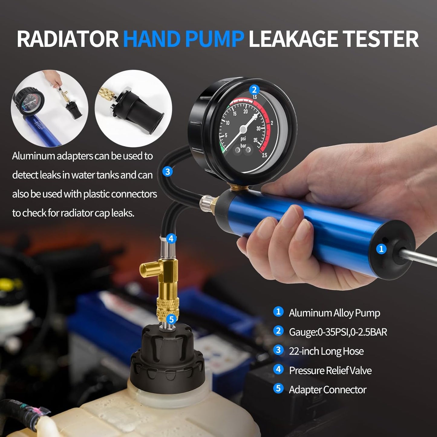 31PCS Coolant Pressure Tester Kit,Radiator Pressure Tester and Vacuum Refill Kit for Automotive Cooling System Water Tank Leakage Detection