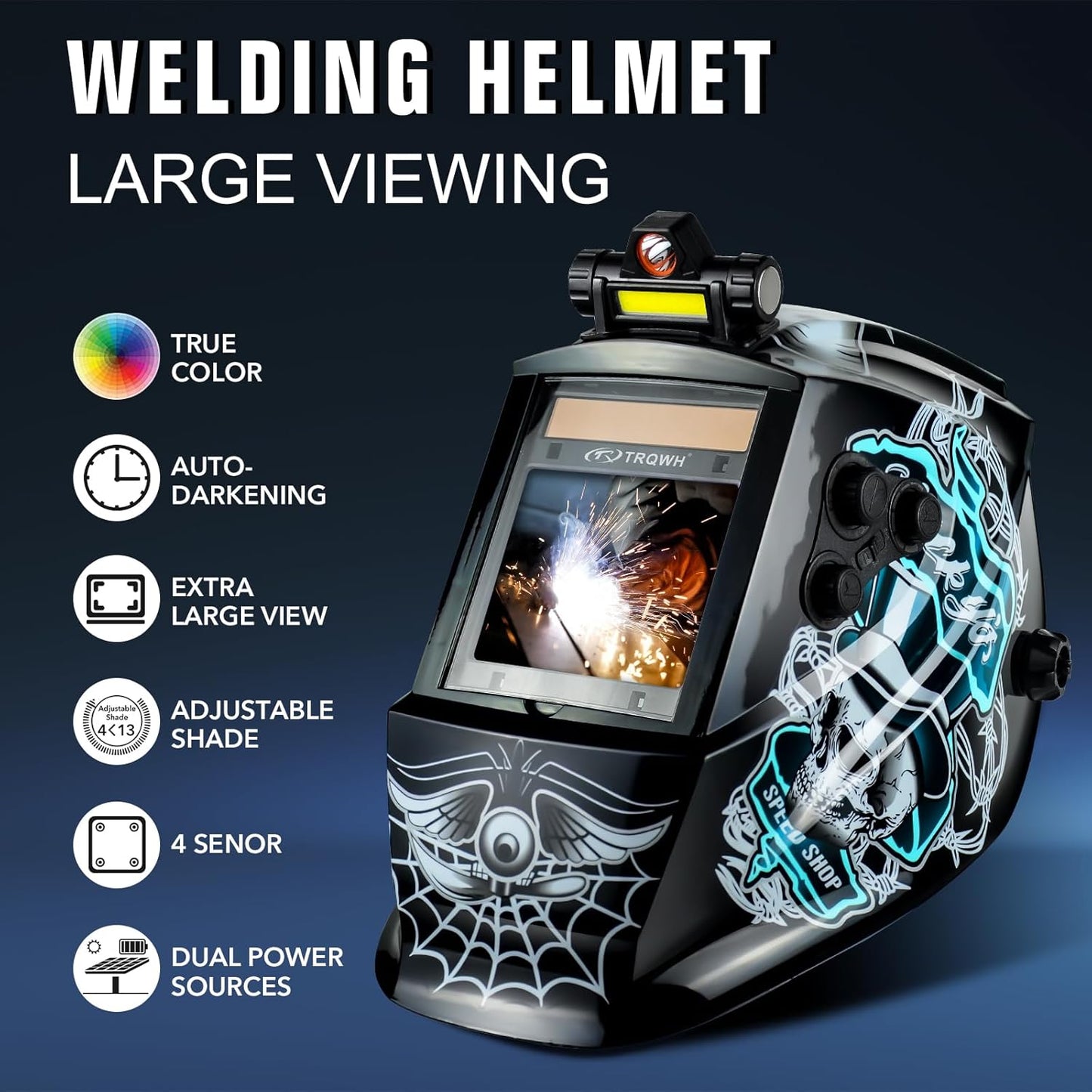 Welding Helmet Auto Darkening Large Viewing True Color Solar Powered Welding Mask with 4 Arc Sensor Adjustable Wide Shade Range 4~5-8/9-13 Welder Mask with Grinding
