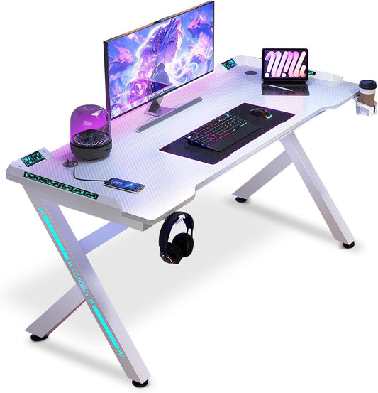 AZN Gaming Desk, 55'' Computer Desk, Gaming Desk w/LED Lights & Carbon Fiber Desktop, Home Office Desks w/Ergonomic Design, Computer Desks w/Cup Holder, Headphone Holder, Cable Organizer