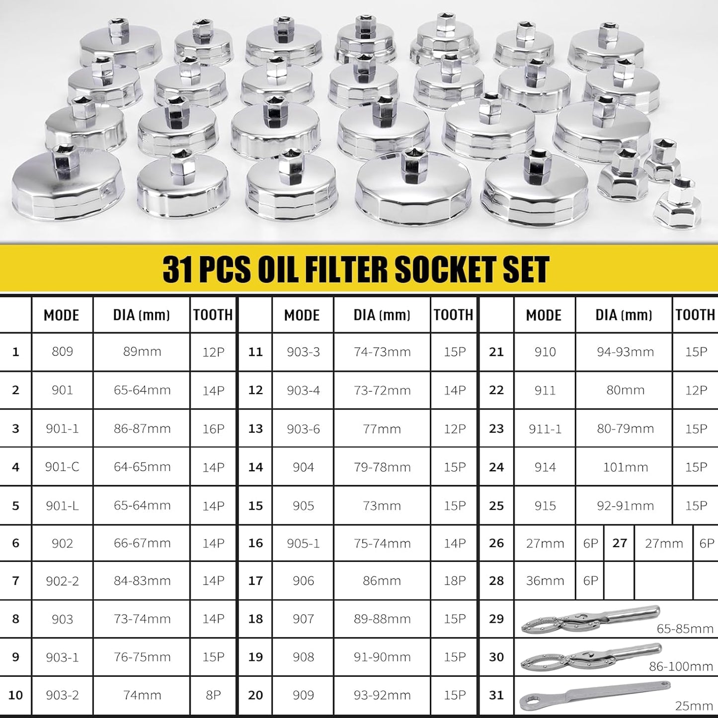 31PCS Oil Filter Wrench Set, Stainless Steel Oil Filter Cap Socket, 1/2" Drive 27mm 32mm 36mm 64mm-101mm Oil Filter Removal Tool, for VW, Ford, Chevrolet, Honda, Toyota, Nissan, Audi, BMW, etc