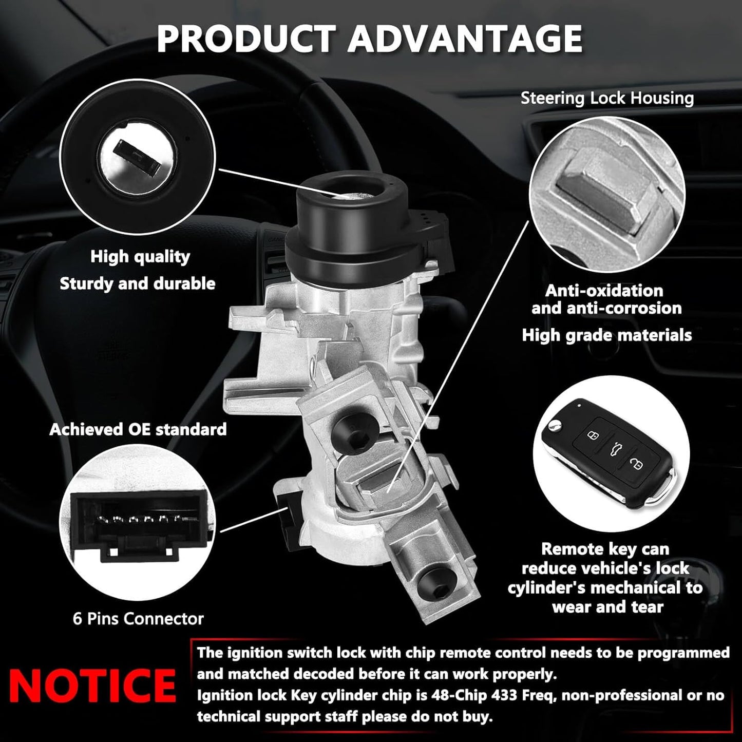 1K0905851B Ignition Switch Lock Cylinder with Key for MK6 2006-2008 2009-2019 VW Jetta Passat, 2004-2007 2010 2011 Golf EO Rabbit Tiguan Ignition Starter Switch, Replace 1K0905841 1K0905865
