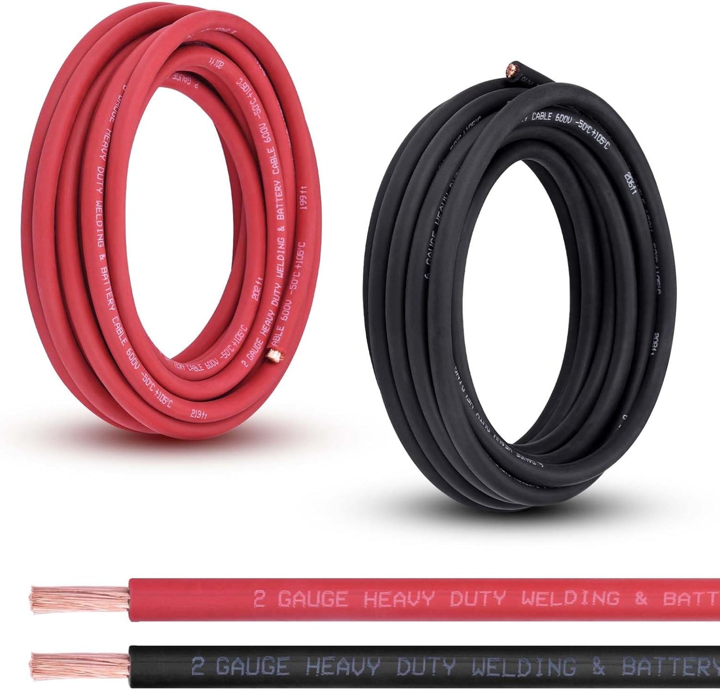 2 Gauge Battery Cable, 10FT Red + 10FT Black 2 AWG Pure Copper Wire Welding Cable, for Automotive, Battery, Solar and Generator, Standard USA OFC Wire