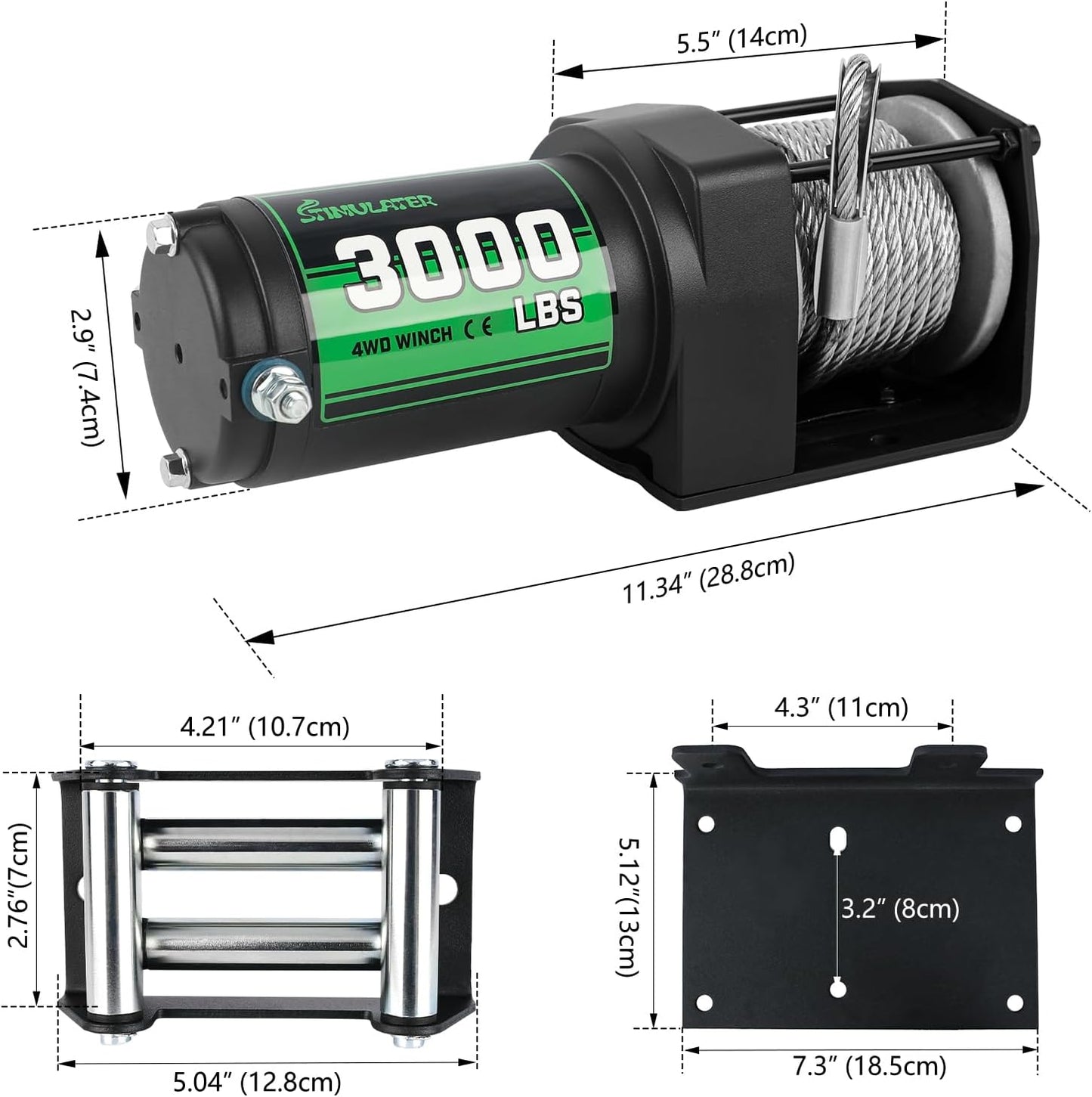 3000lb ATV Winch,Electric Winch 12V,Steel Cable Winch, with Wireless Remote and Manual Switch, with Hawse Fairlead & Hook,IP67 Waterproof,Suitable for Most Trailers and ATV winchs